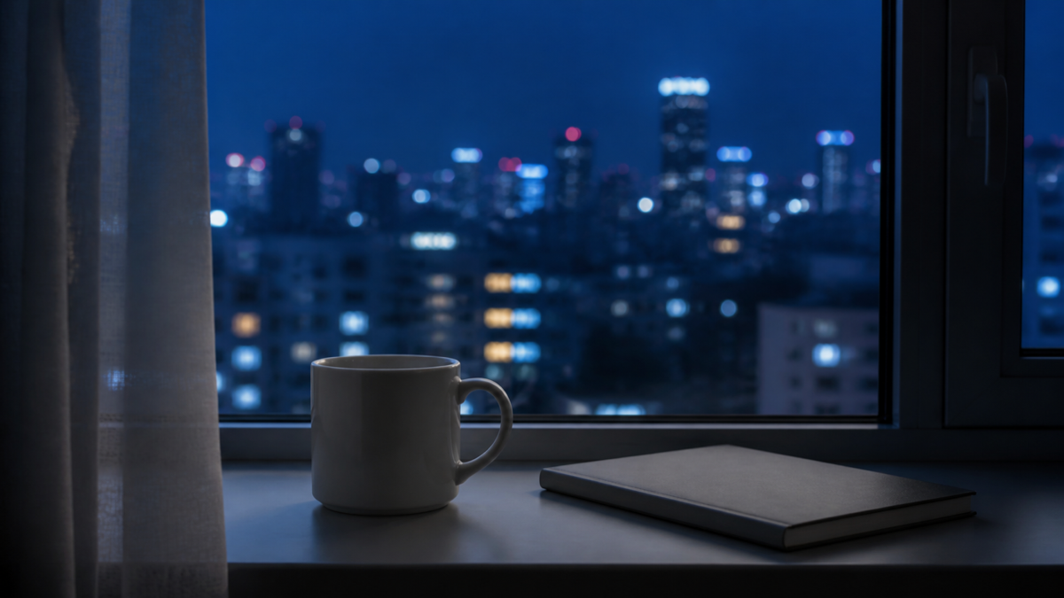 夜の窓辺に置かれた無地のノートとカップのイメージ