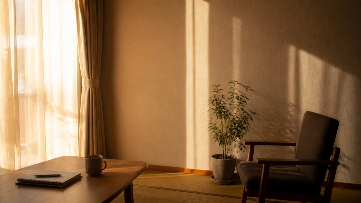 静かな朝の部屋で考えを整える時間のイメージ