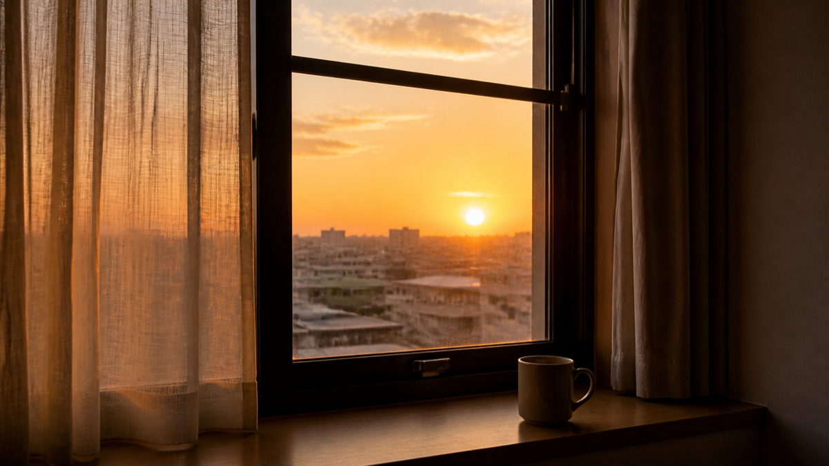 夕方の窓辺で考えを落ち着ける時間のイメージ