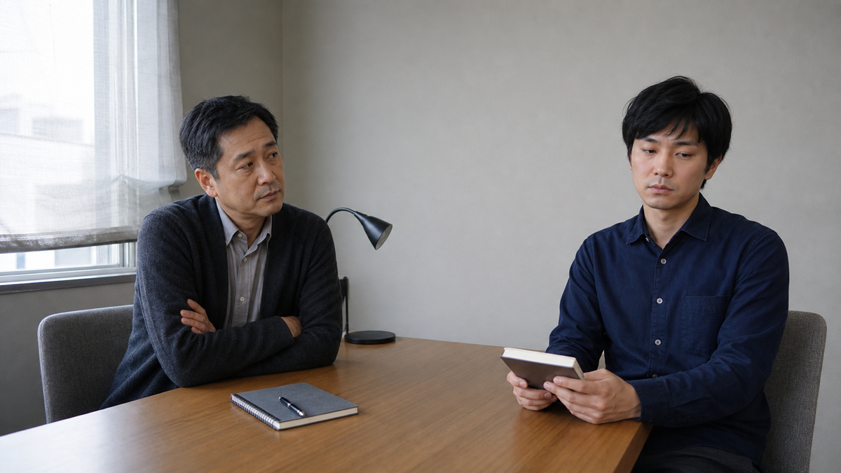 会議室で腕を組み、目線を合わせずに話す上司と、手帳に目を落とす部下