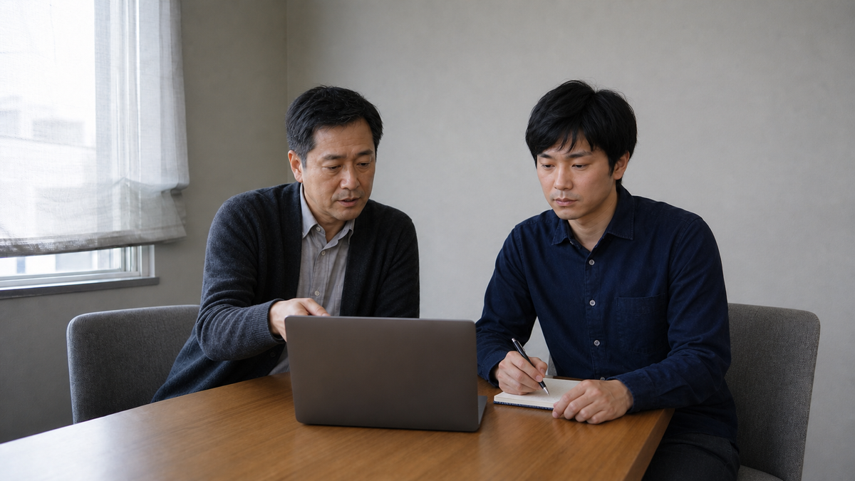 同じ会議室で横に並び、ノートパソコンの画面を一緒に見ながら話す上司と、メモを取る部下