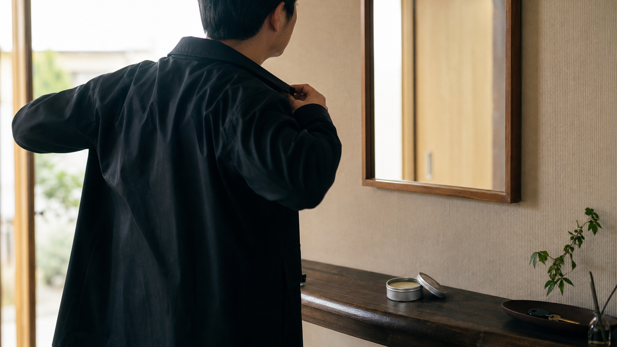 外出前に上着を整える40代男性の後ろ姿のイメージ
