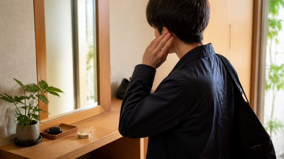 外出前に耳後ろへ香りをつける40代男性のイメージ