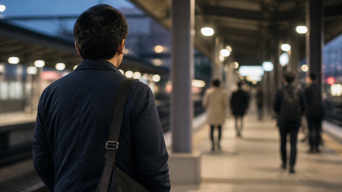 駅のホームで距離感を意識する40代男性の後ろ姿のイメージ