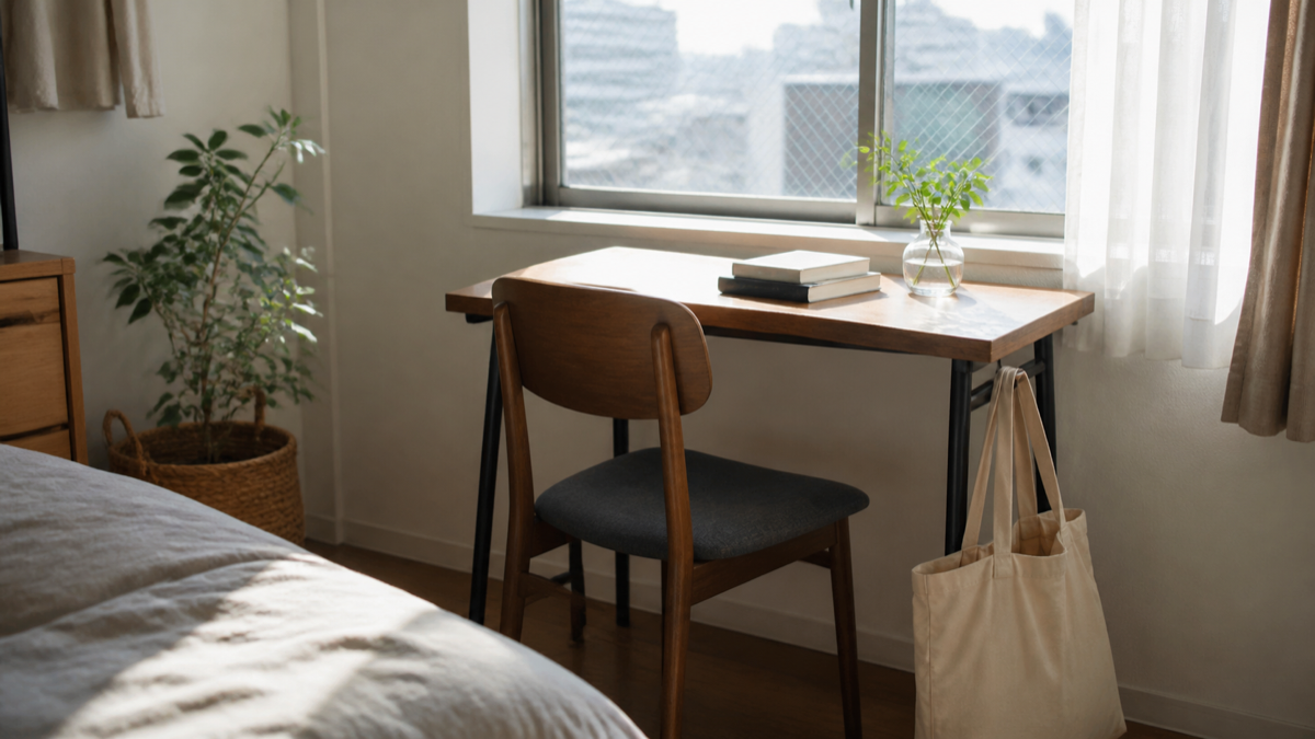 朝の光が入る部屋の机と椅子のイメージ